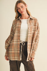 Beige Brushed Plaid Oversized Maternity Shirt Jacket