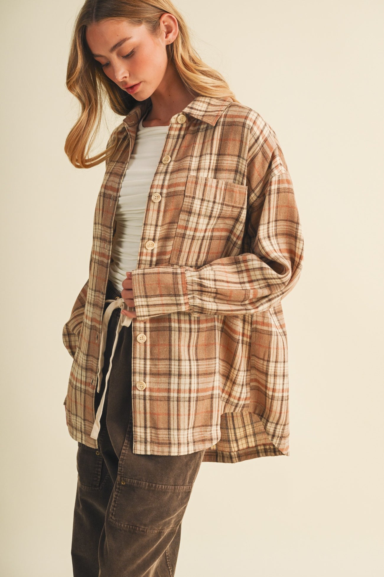 Beige Brushed Plaid Oversized Maternity Shirt Jacket