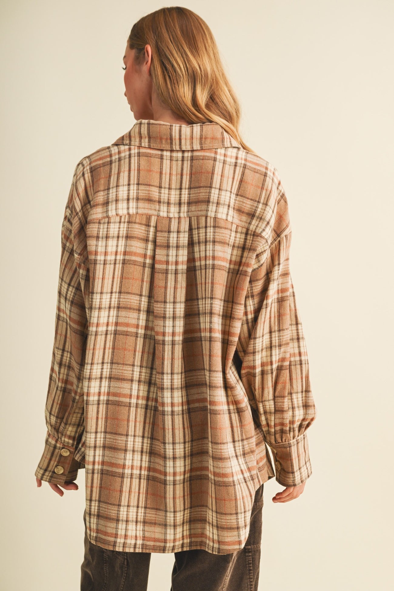 Beige Brushed Plaid Oversized Maternity Shirt Jacket