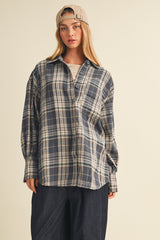 Navy Brushed Plaid Oversized Shirt Jacket