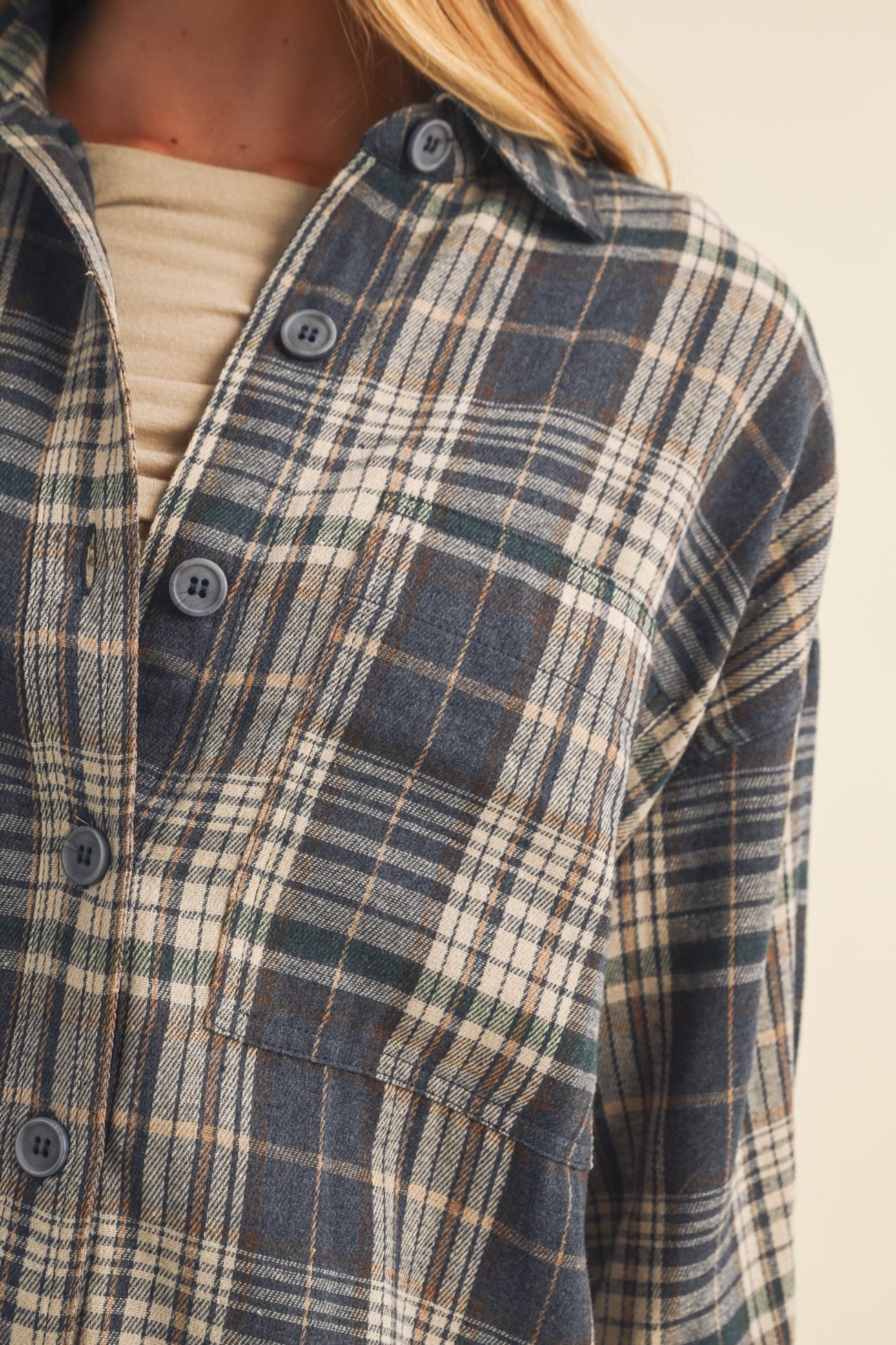 Navy Brushed Plaid Oversized Shirt Jacket