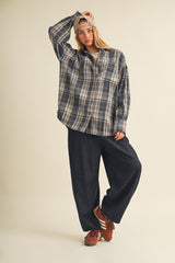 Navy Brushed Plaid Oversized Shirt Jacket