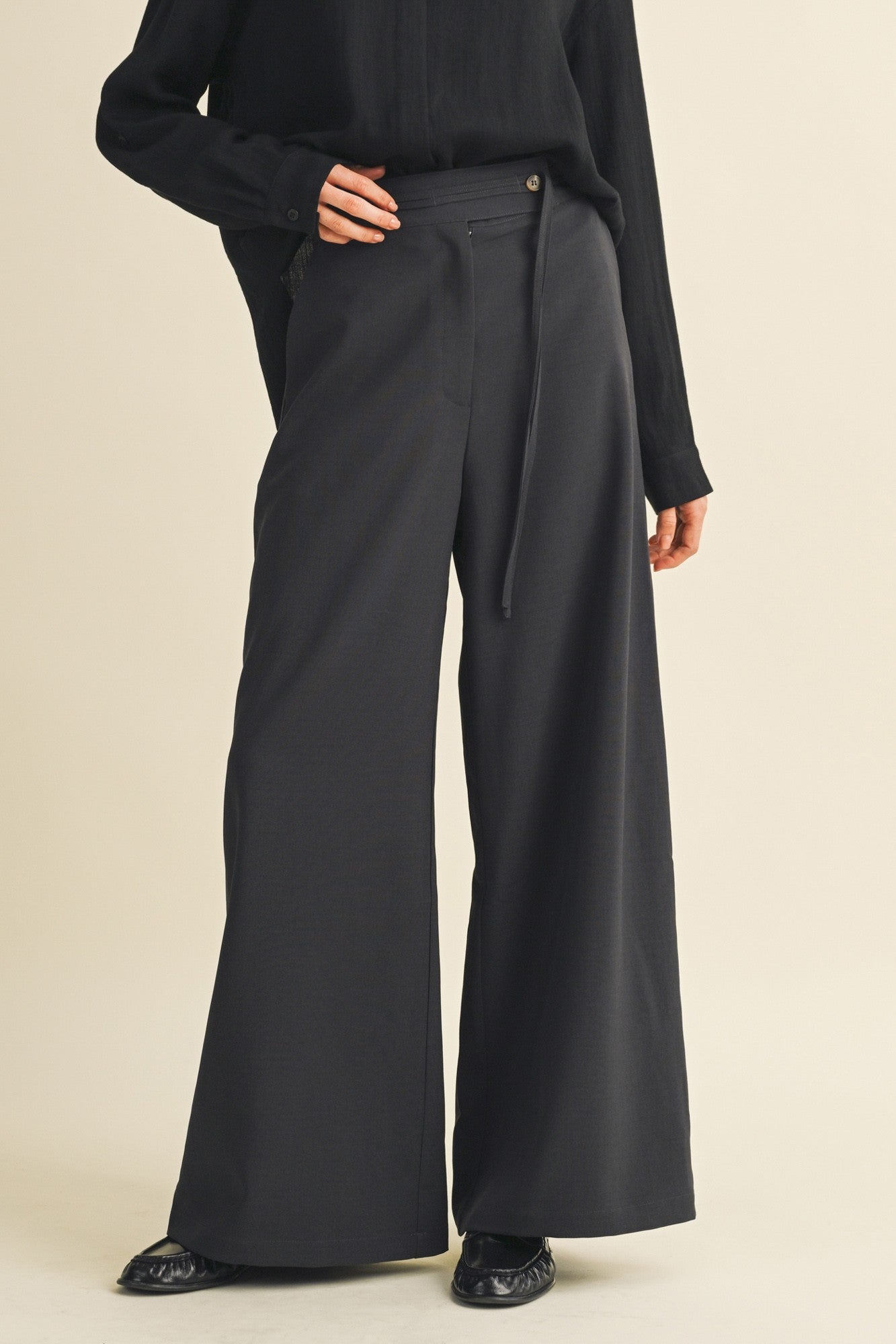 Vintage Black Tie-Waist Wide Leg Trousers