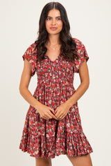 Wine Floral Flutter Sleeve Smocked Maternity Mini Dress