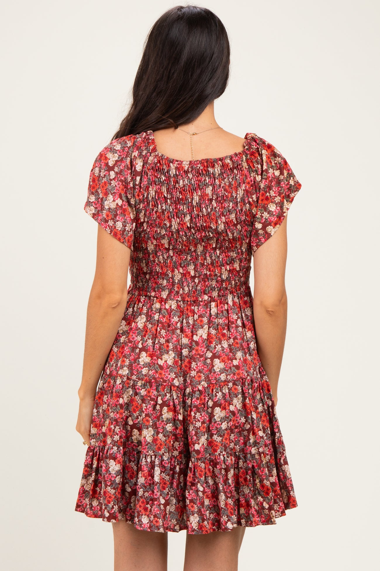 Wine Floral Flutter Sleeve Smocked Mini Dress