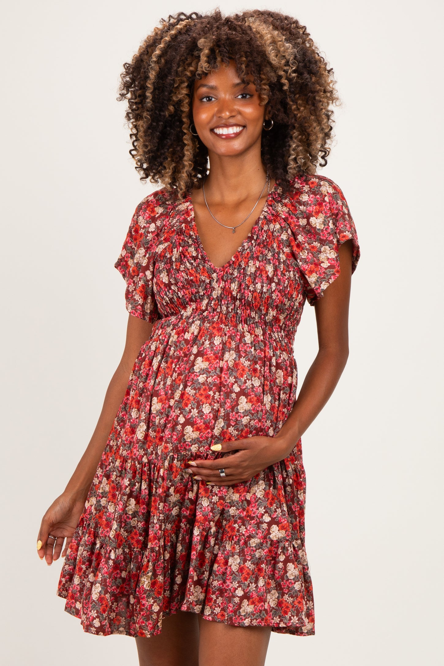 Wine Floral Flutter Sleeve Smocked Maternity Mini Dress
