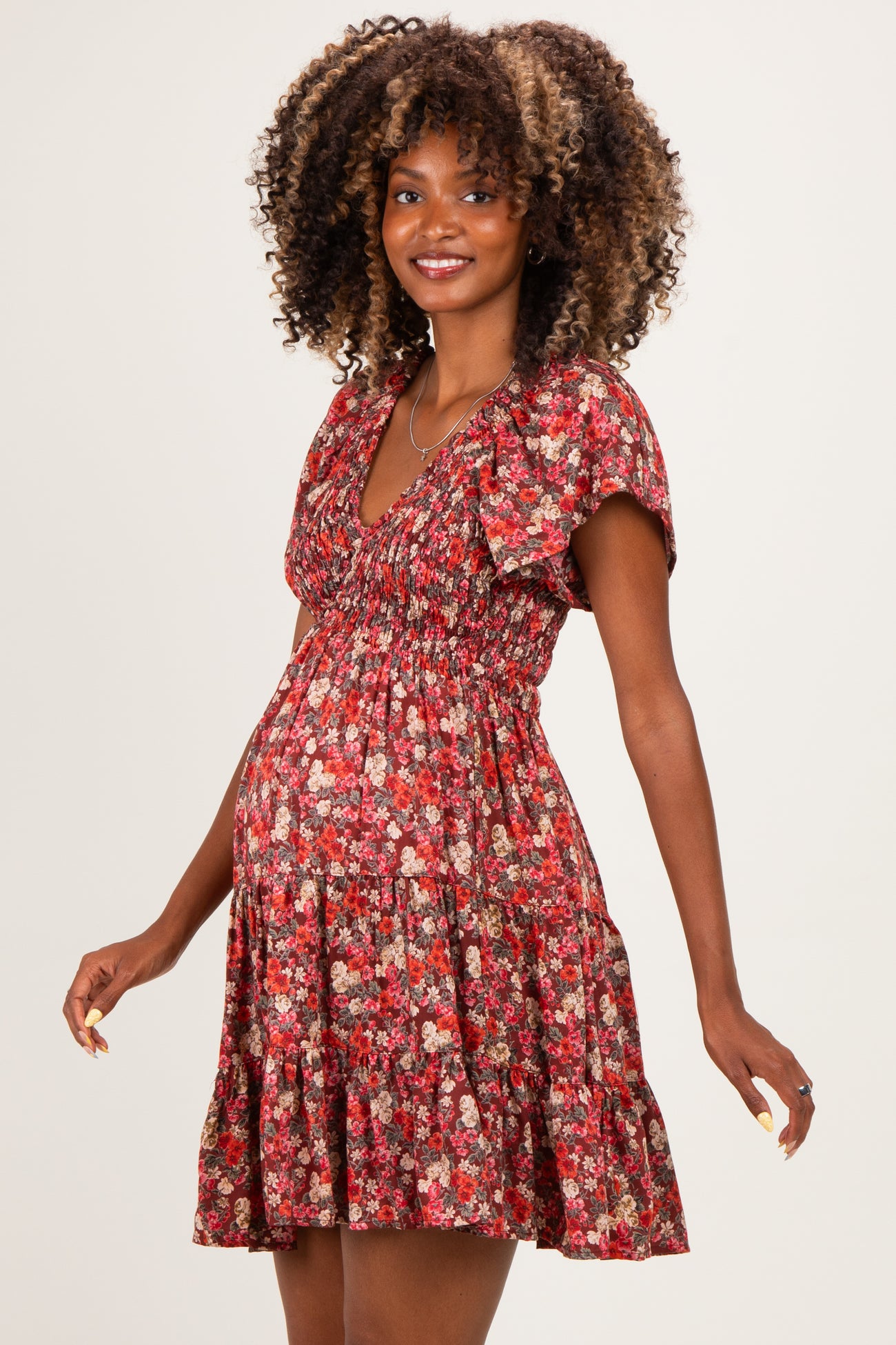 Wine Floral Flutter Sleeve Smocked Maternity Mini Dress