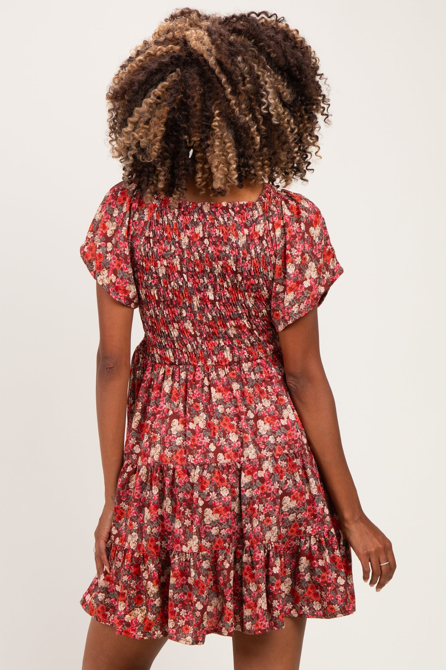 Wine Floral Flutter Sleeve Smocked Maternity Mini Dress