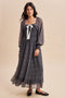 Black Dot Smocked Ribbon Tie Ruffle Maxi Dress