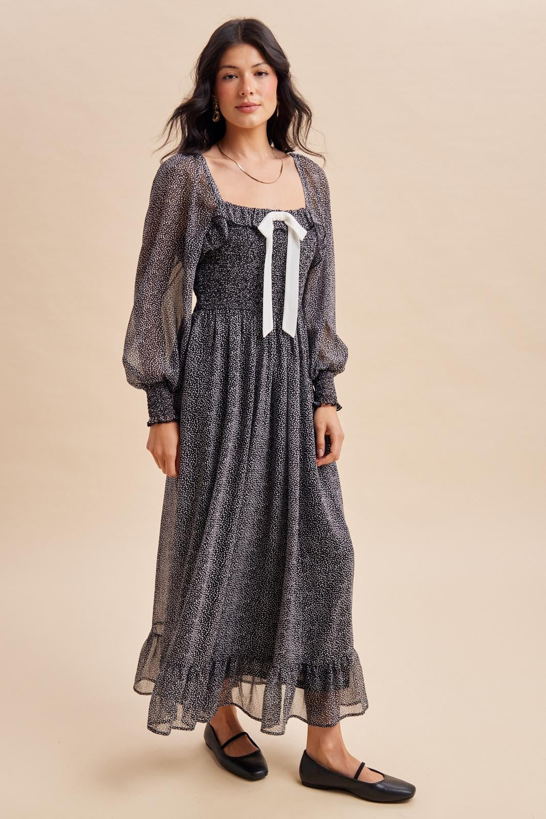 Black Dot Smocked Ribbon Tie Ruffle Maxi Dress