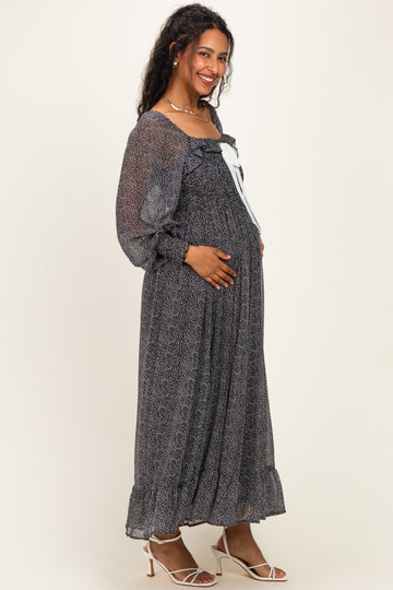 Black Dot Smocked Ribbon Tie Ruffle Maternity Maxi Dress