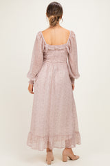 Primrose Brown Dot Smocked Ribbon Tie Ruffle Maternity Maxi Dress