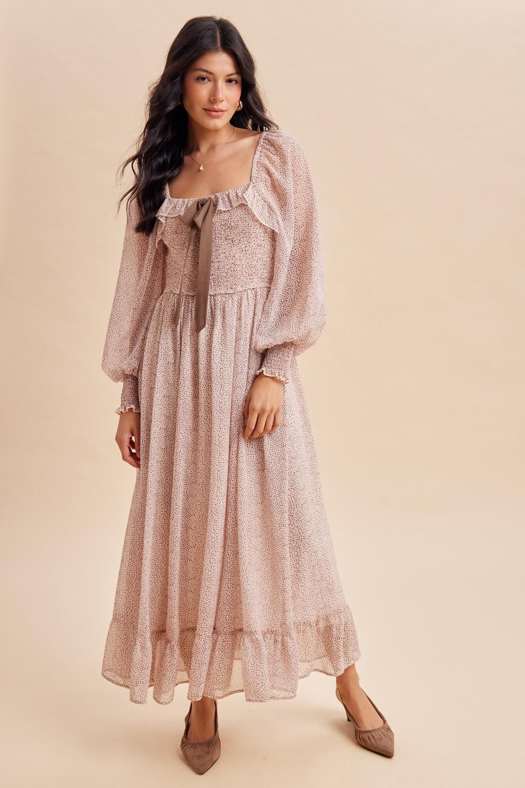 Primrose Brown Dot Smocked Ribbon Tie Ruffle Maxi Dress