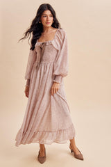 Primrose Brown Dot Smocked Ribbon Tie Ruffle Maxi Dress