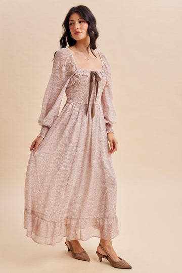 Primrose Brown Dot Smocked Ribbon Tie Ruffle Maxi Dress