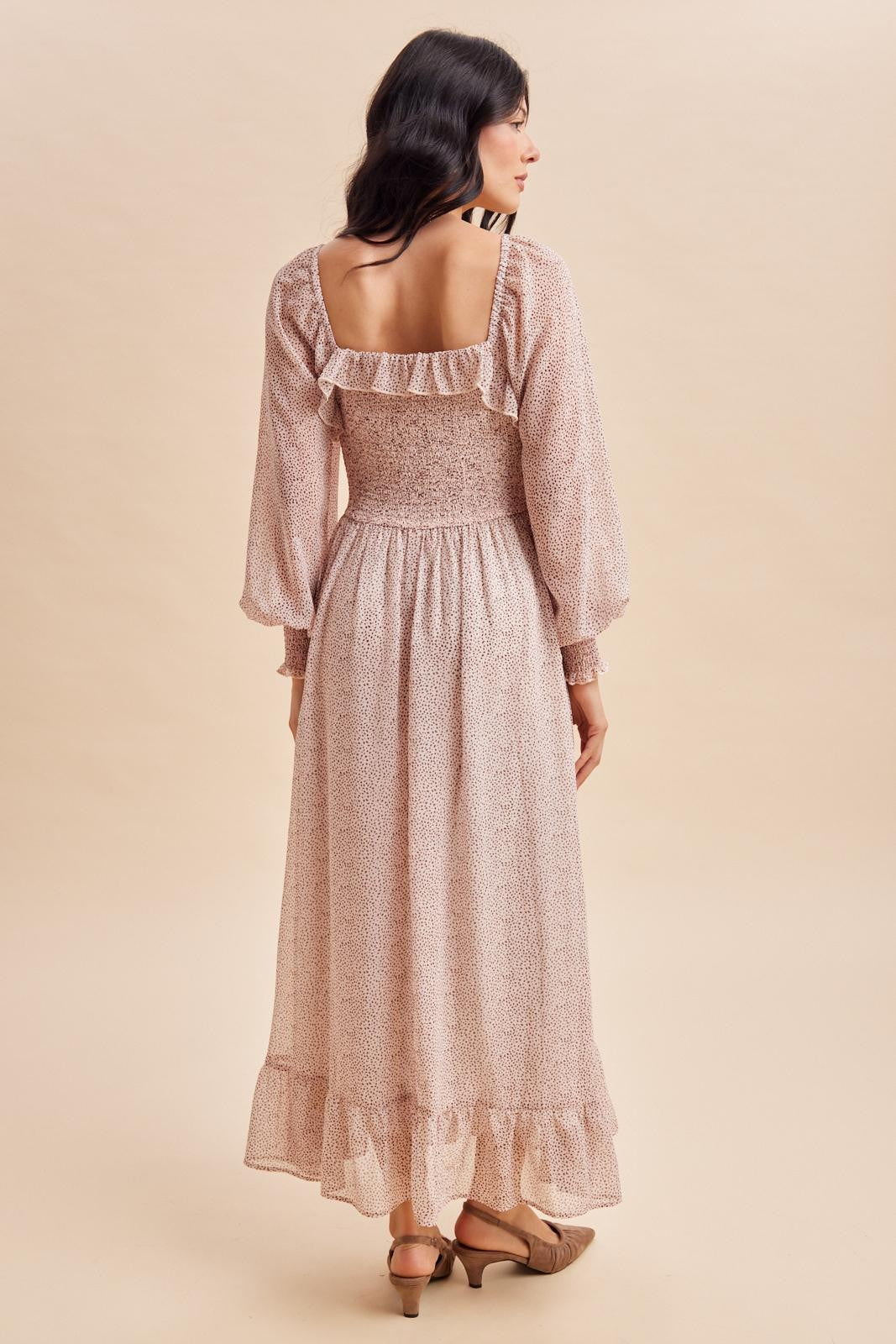 Primrose Brown Dot Smocked Ribbon Tie Ruffle Maxi Dress
