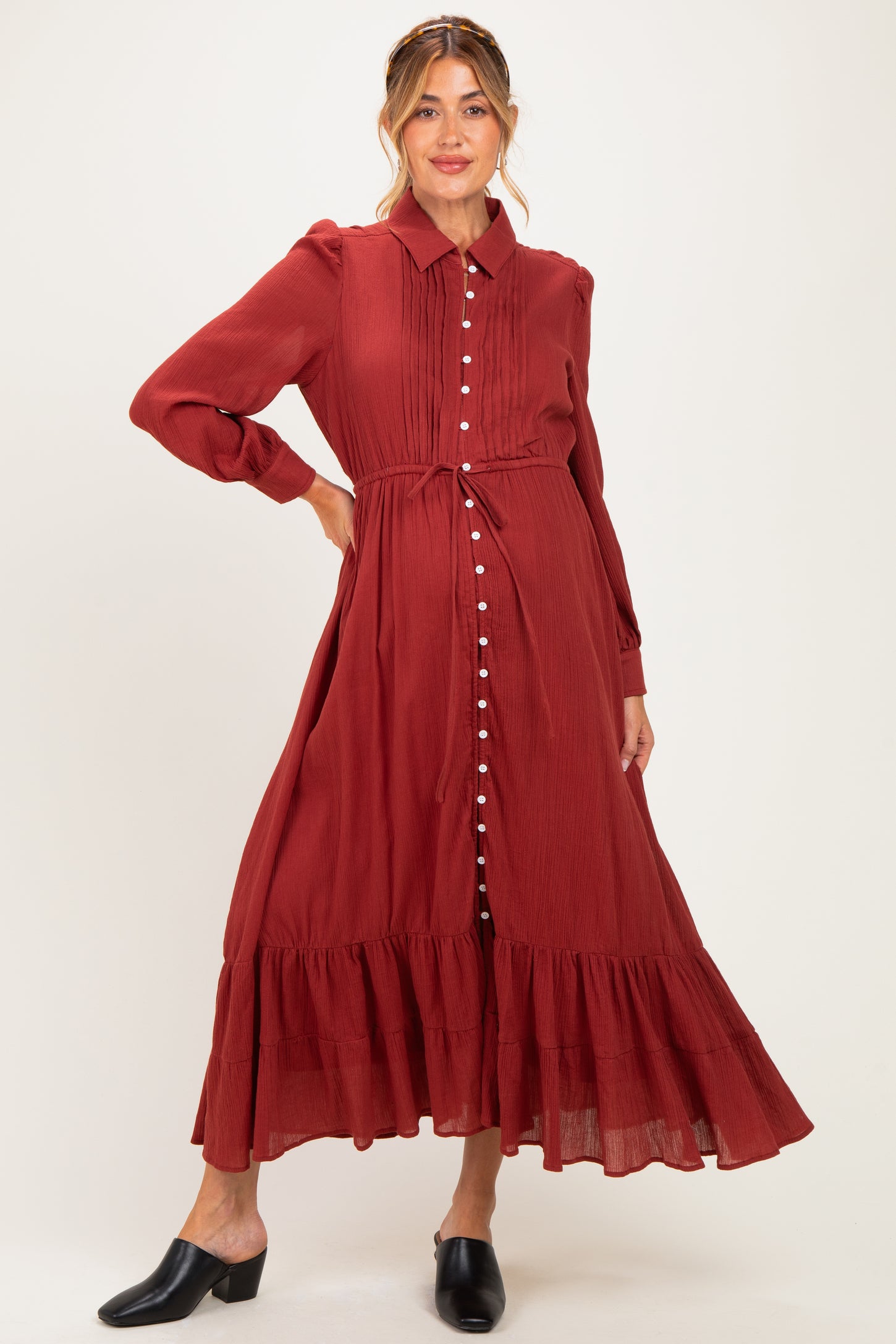Terracotta Pleated Front Button Down Maternity Maxi Dress