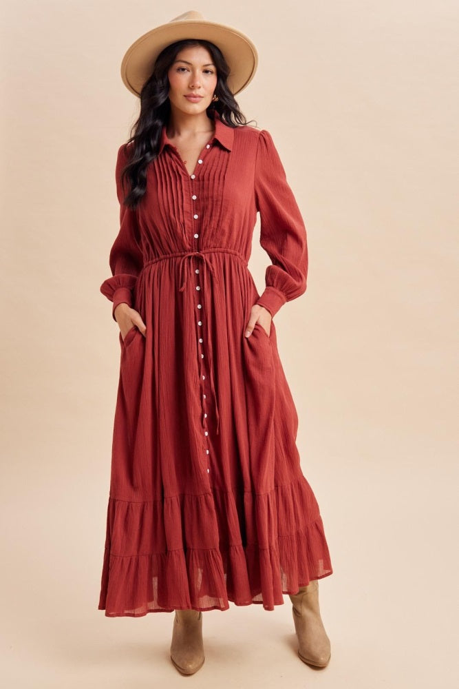 Terracotta Pleated Front Button Down Maxi Dress