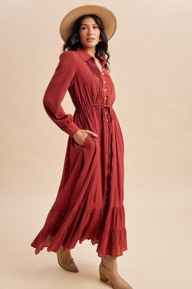 Terracotta Pleated Front Button Down Maxi Dress