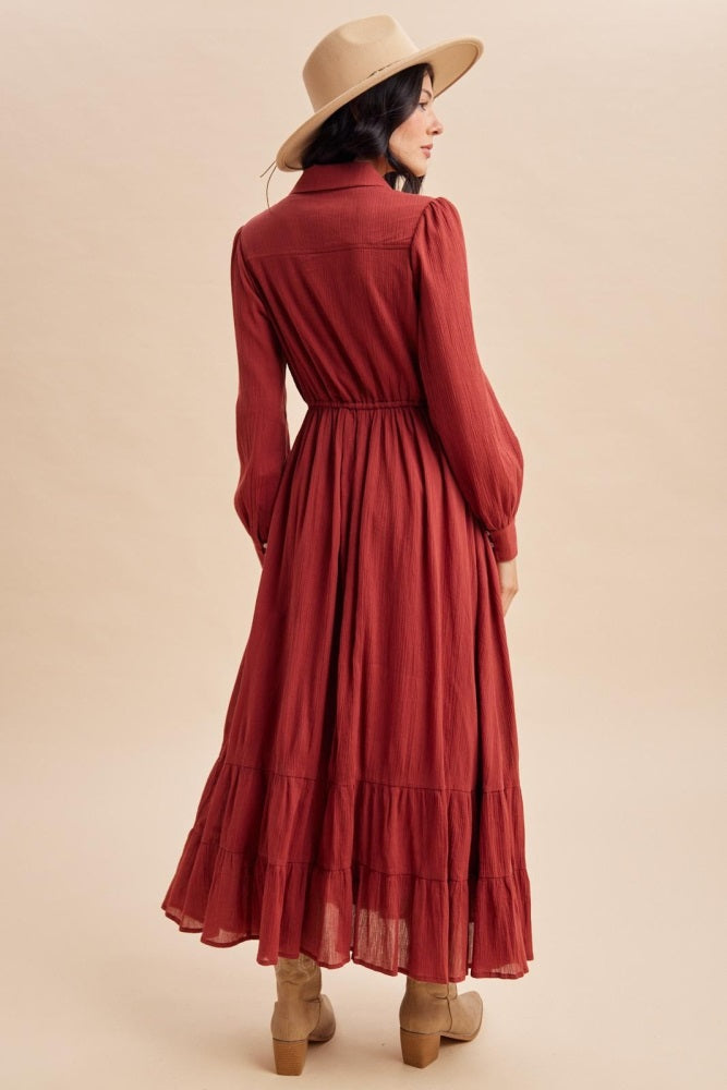 Terracotta Pleated Front Button Down Maxi Dress