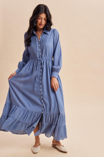 Blue Pleated Front Button Down Maxi Dress