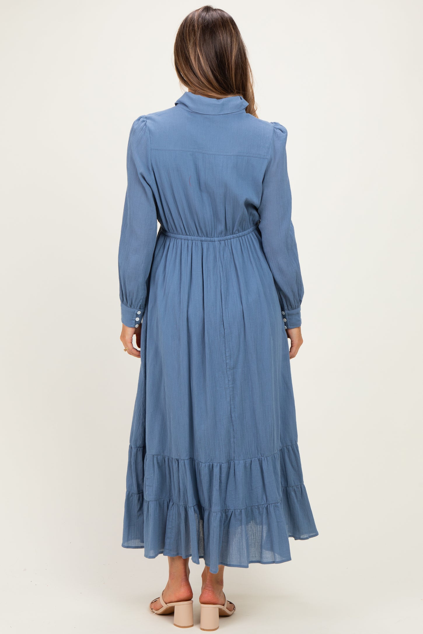 Blue Pleated Front Button Down Maternity Maxi Dress