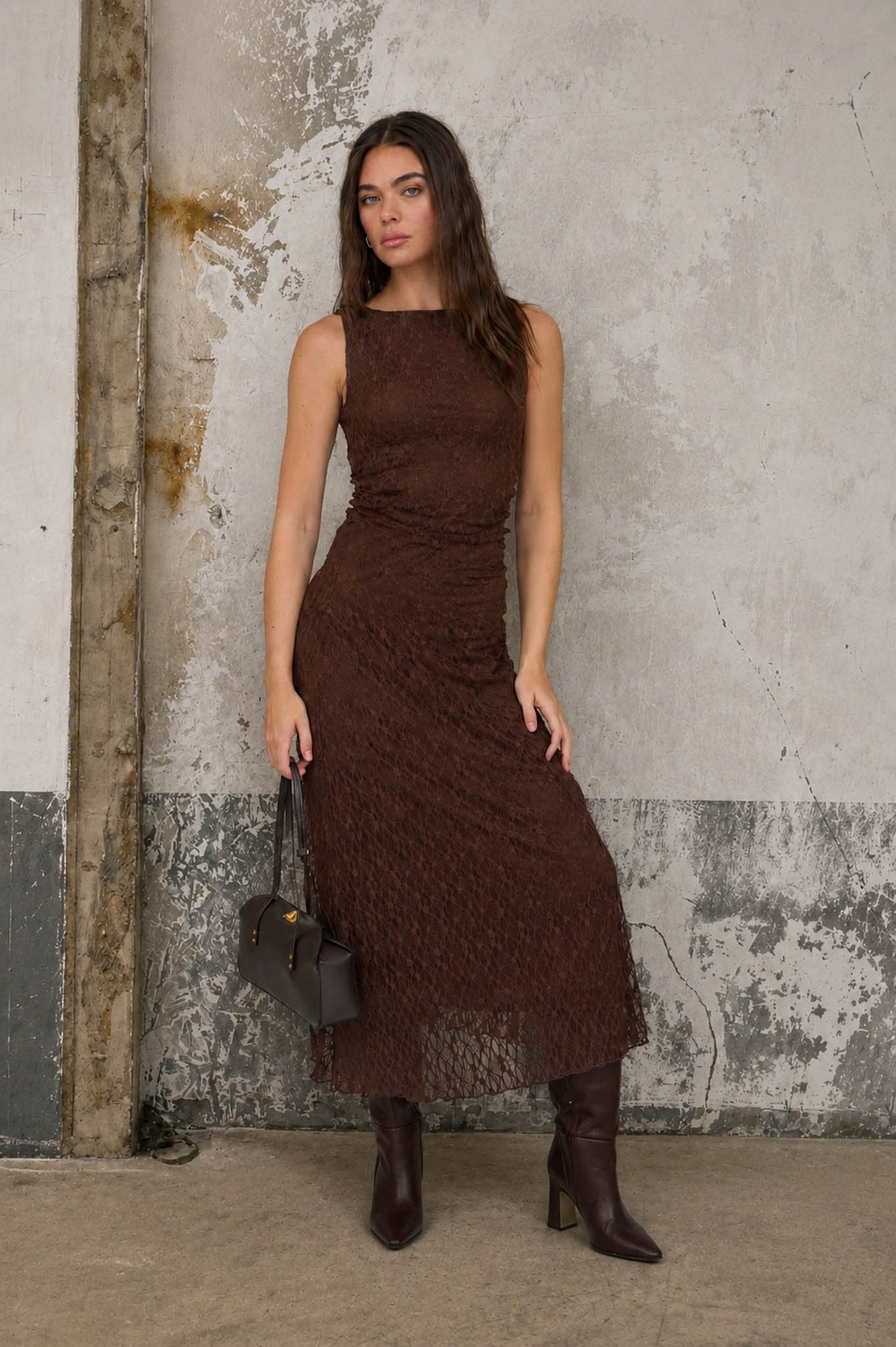 Dark Brown Lace Ruched Maternity Midi Tank Dress