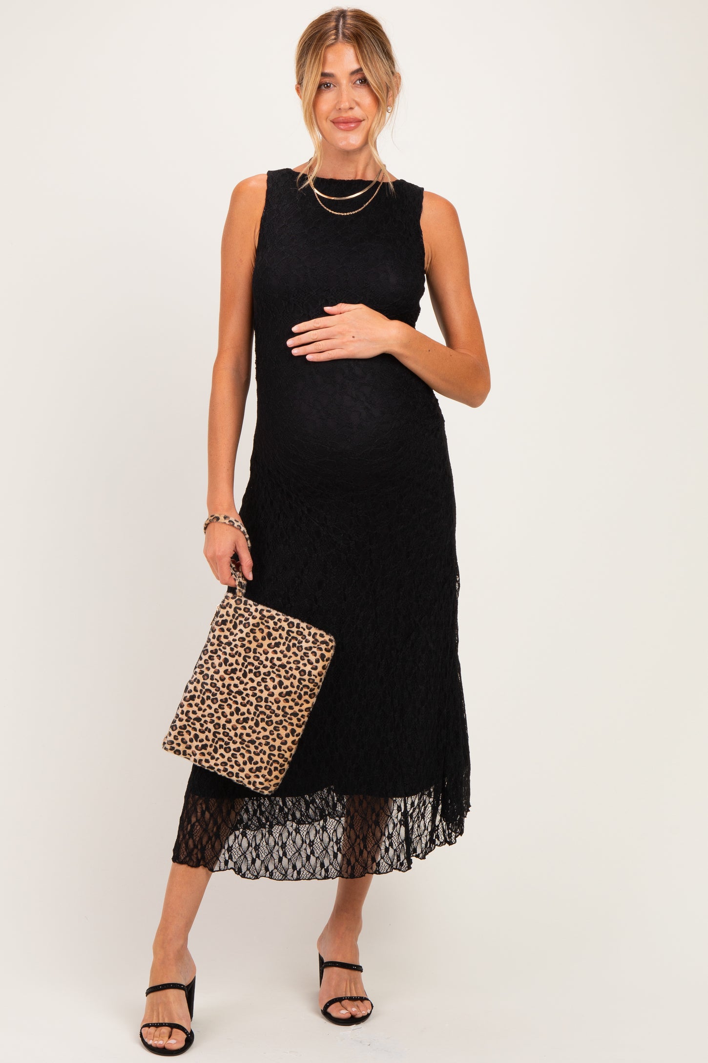 Black Lace Ruched Maternity Midi Tank Dress