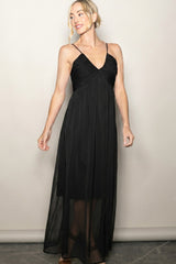 Black Crinkle Chiffon V-Neck Maxi Dress