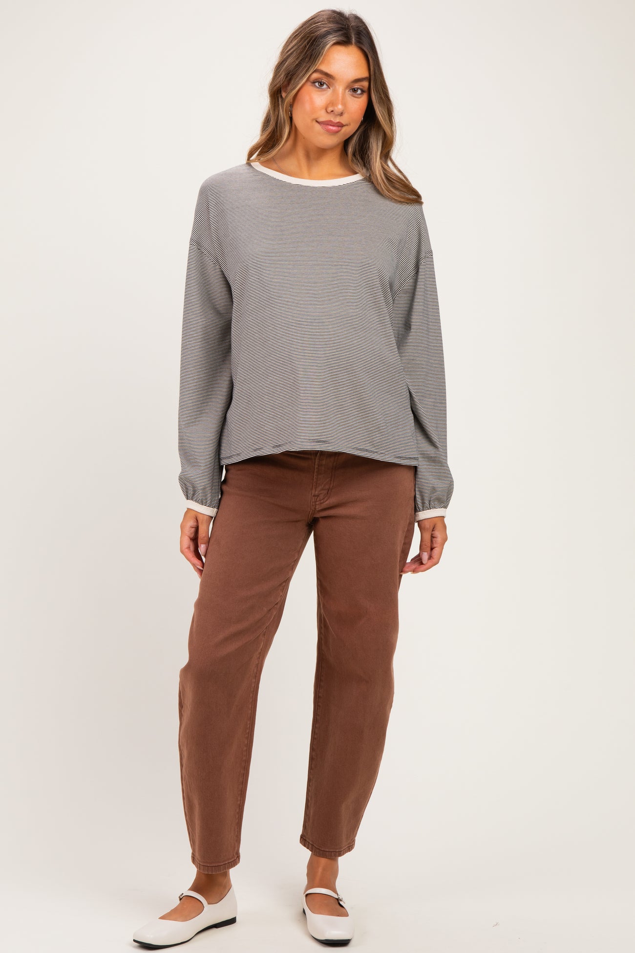 Black Striped Boat Neck Long Sleeve Maternity Top