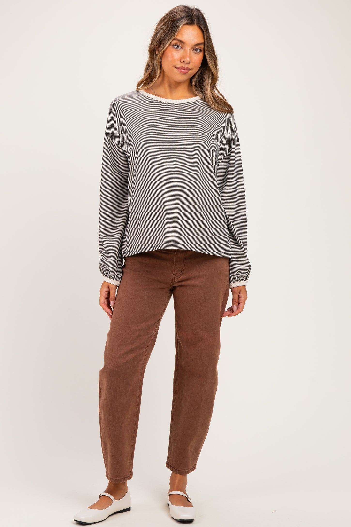 Black Striped Boat Neck Long Sleeve Maternity Top