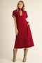 Burgundy Color Rib Band Trim Side Slit Midi Dress