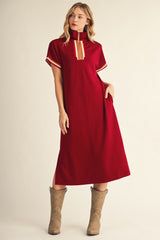 Burgundy Color Rib Band Trim Side Slit Maternity Midi Dress