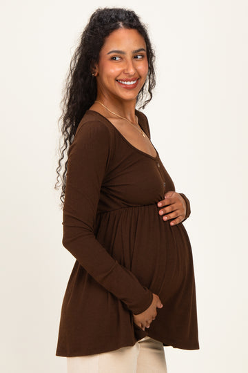 Brown Scoop Neck Button Front Long Sleeve Babydoll Maternity Top