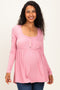 Mauve Scoop Neck Button Front Long Sleeve Babydoll Maternity Top