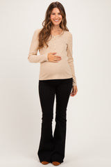 Camel Pinstriped Scoop Neck Maternity Henley Top
