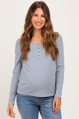 Blue Pinstriped Scoop Neck Maternity Henley Top