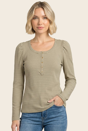 Light Olive Pinstriped Scoop Neck Henley Top