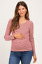 Red Pinstriped Scoop Neck Maternity Henley Top