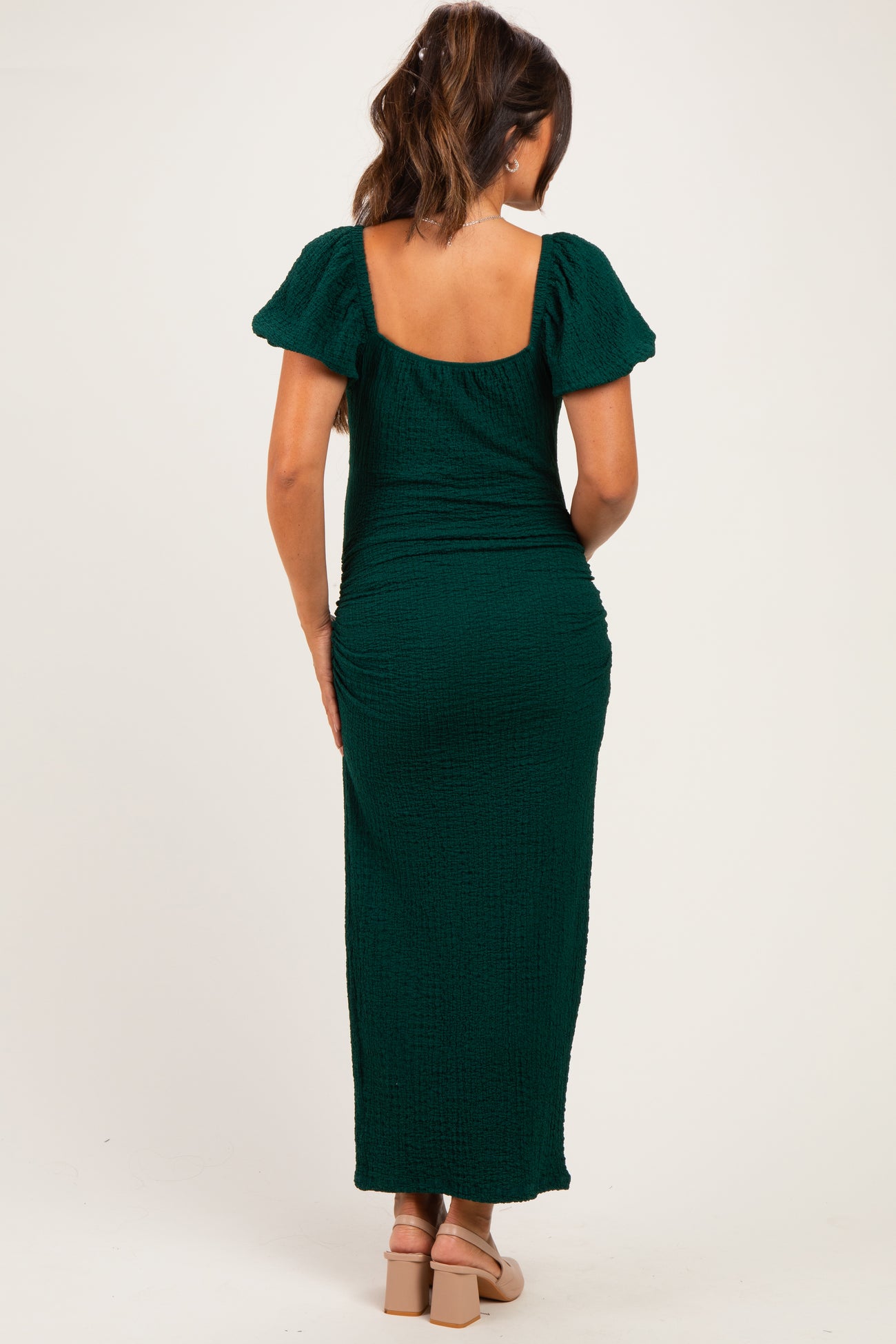 Hunter Green Knit Twisted Bust Short Sleeve Maternity Midi Dress