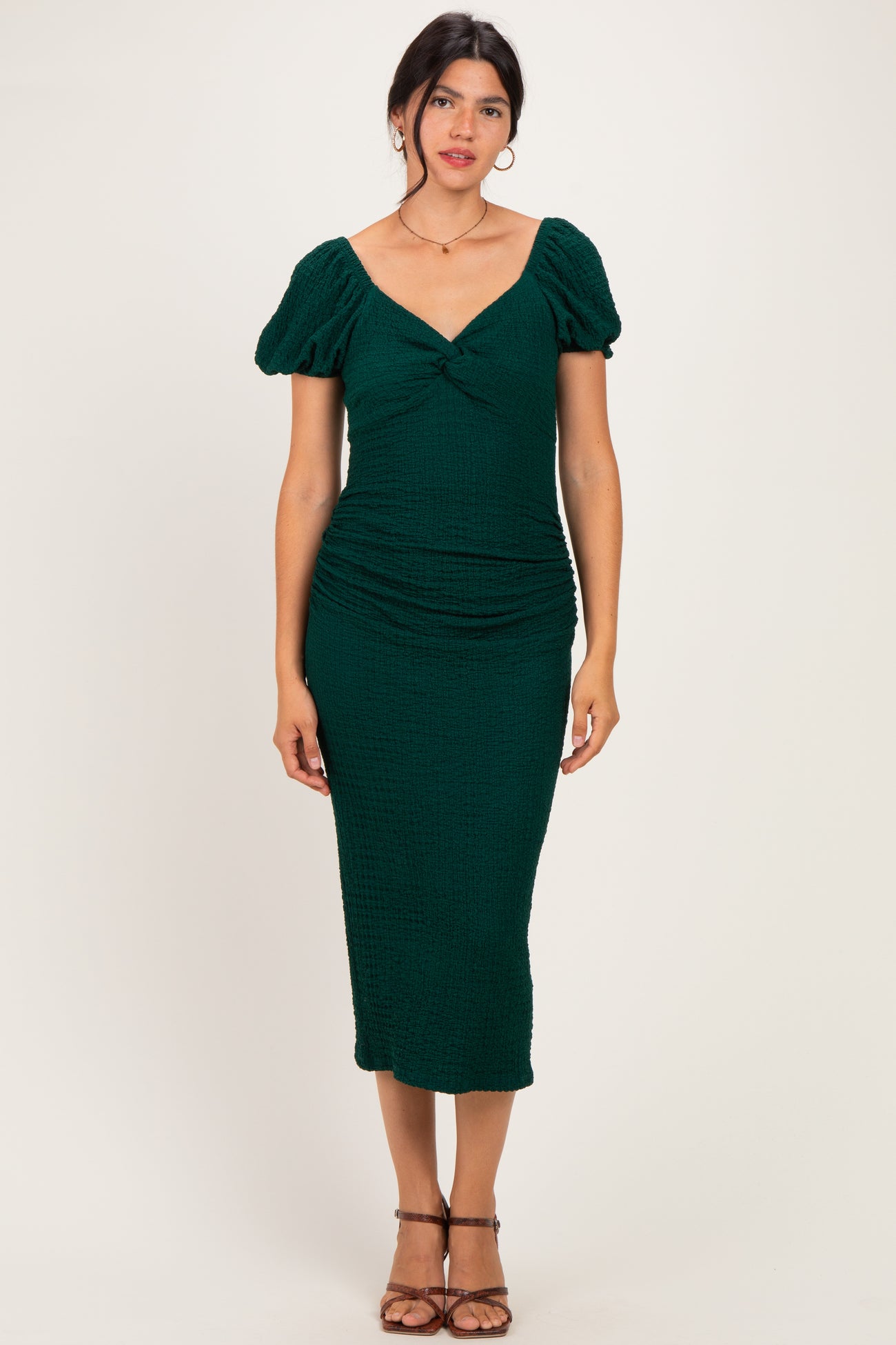 Hunter Green Knit Twisted Bust Short Sleeve Maternity Midi Dress