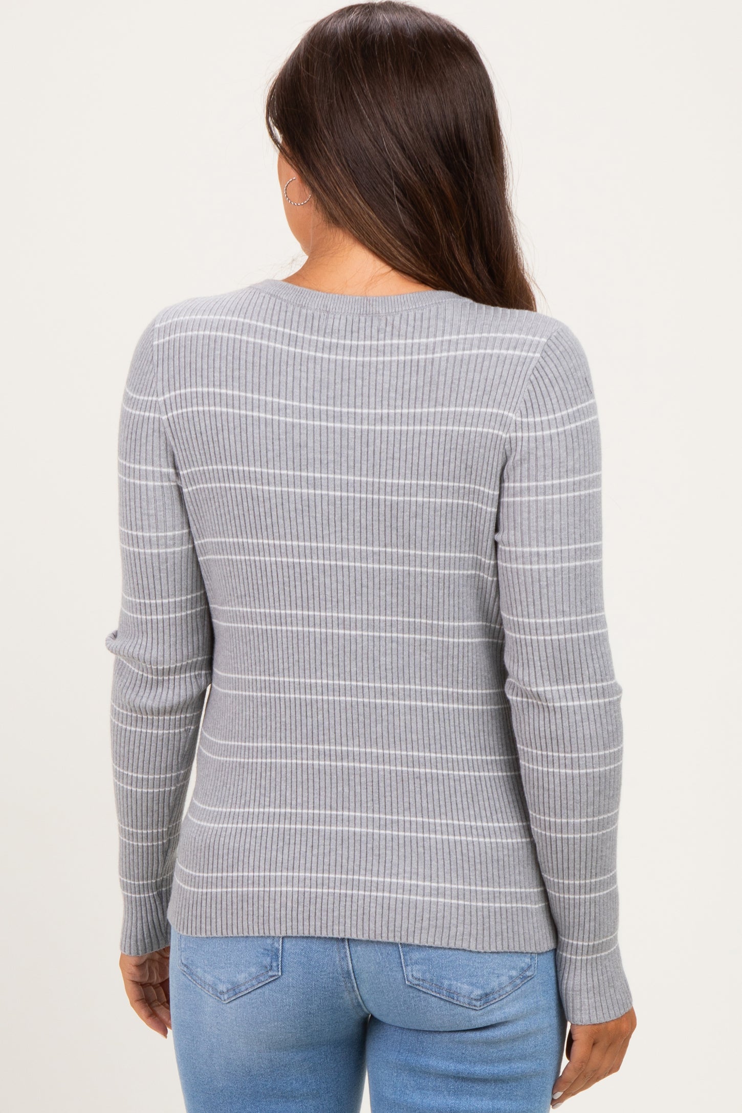 Heather Grey Ribbed Basic Striped Fitted Maternity Sweater