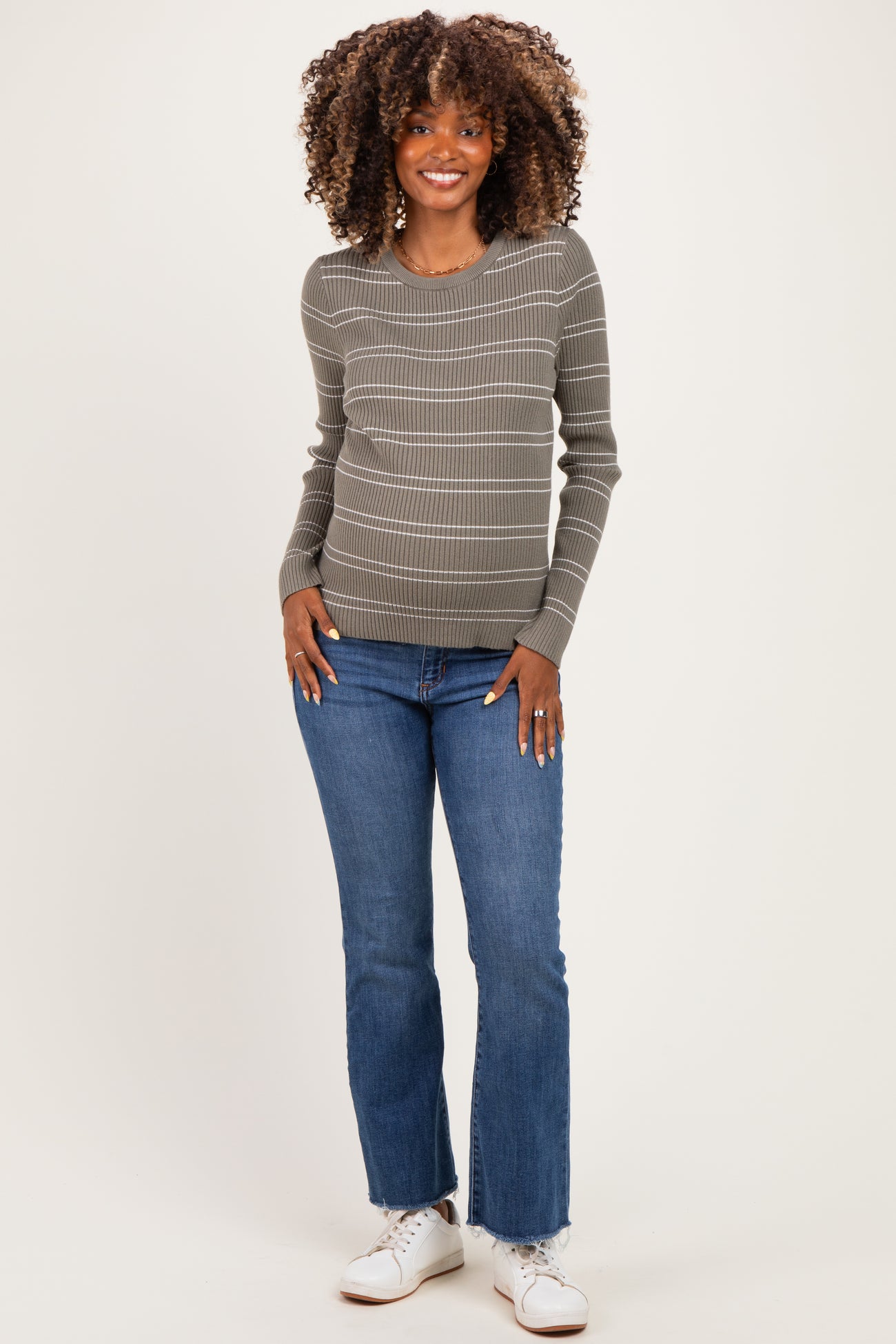Olive Ribbed Basic Striped Fitted Maternity Sweater
