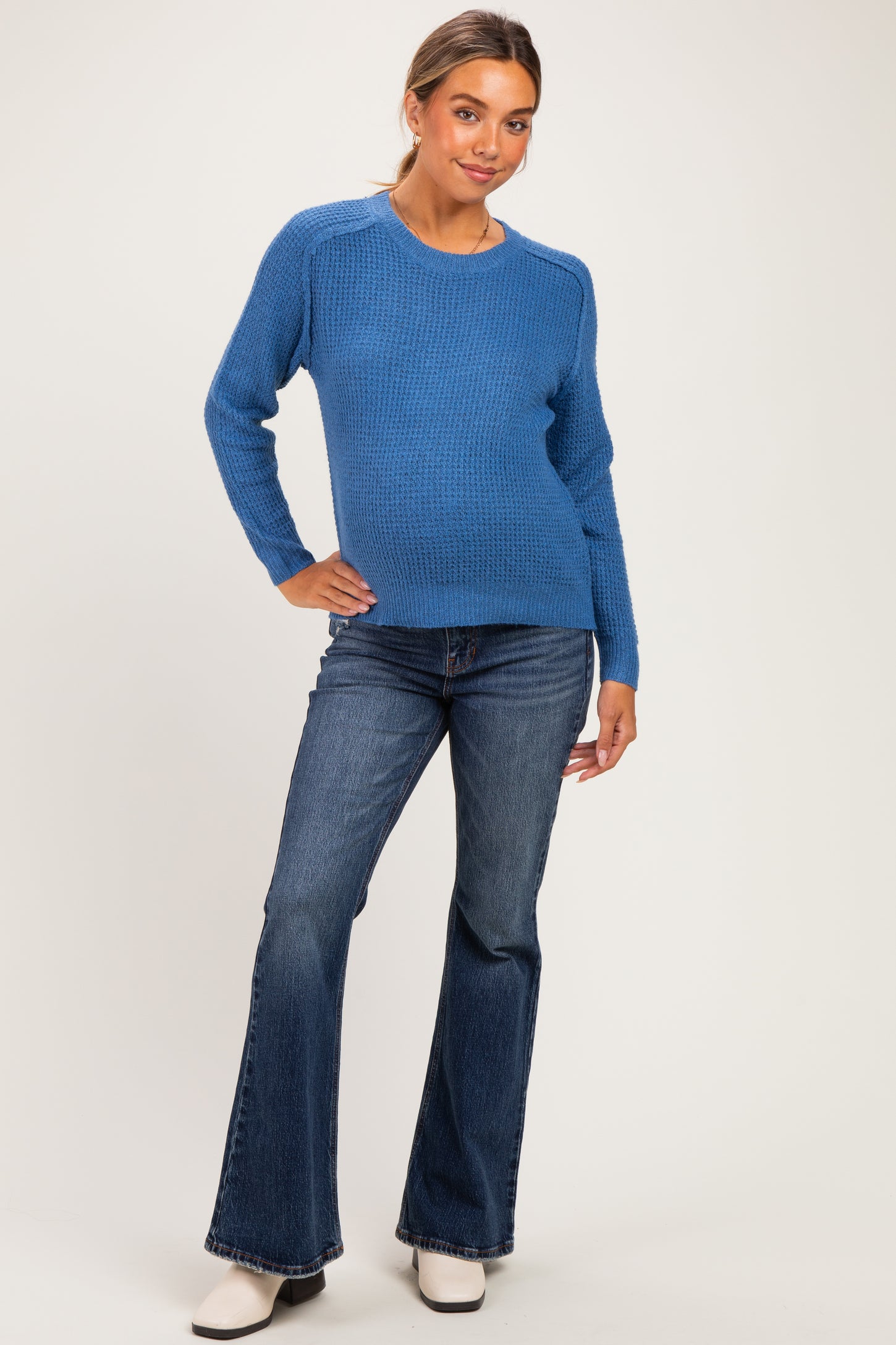 Blue Waffle Textured Maternity Sweater