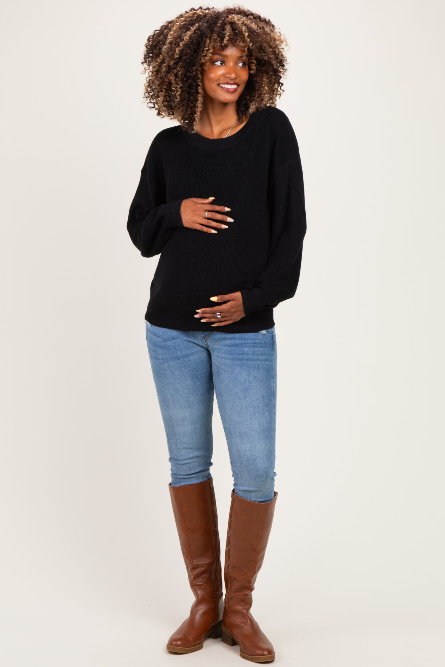 Black Balloon Sleeve Boat Neck Maternity Sweater