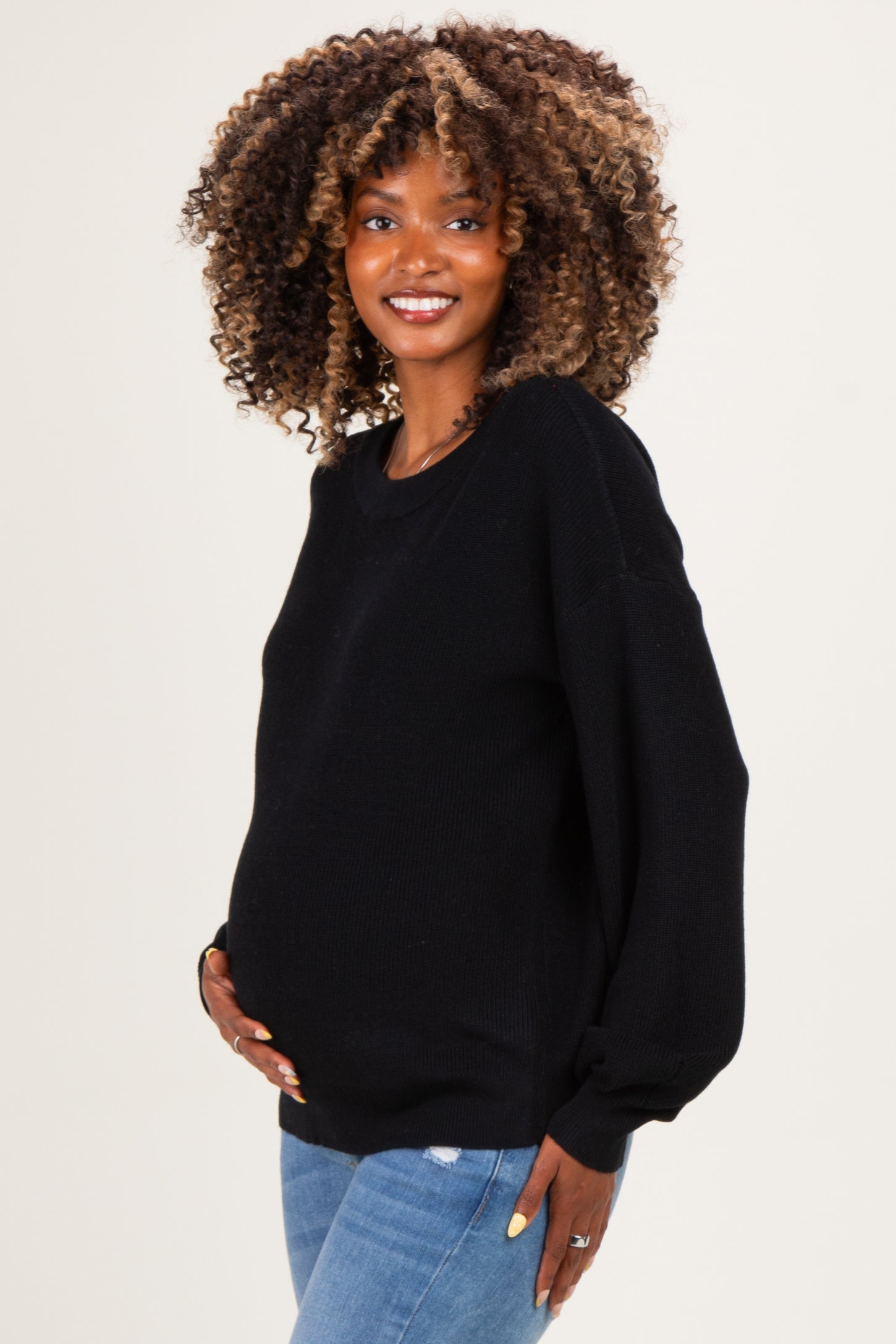 Black Balloon Sleeve Boat Neck Maternity Sweater