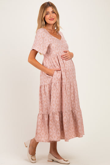 Light Pink Floral Tiered Maternity Midi Dress