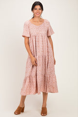 Light Pink Floral Tiered Maternity Midi Dress