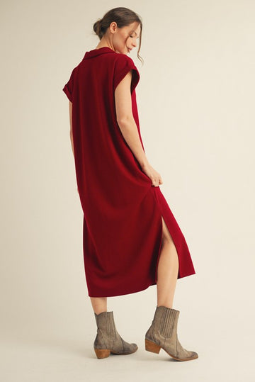 Burgundy Collared Oversized Midi Dress