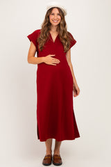 Burgundy Collared Oversized Maternity Midi Dress